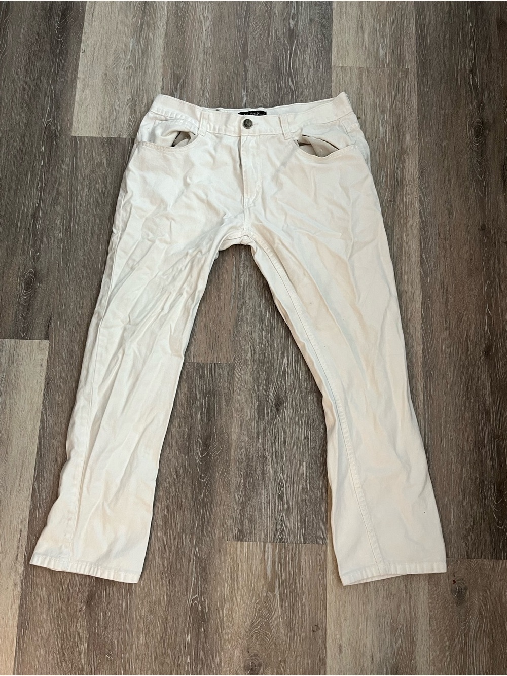 Y2K Black Lacquer Men’s 36 White Straight Jeans Black Embroidered Pockets Rocker